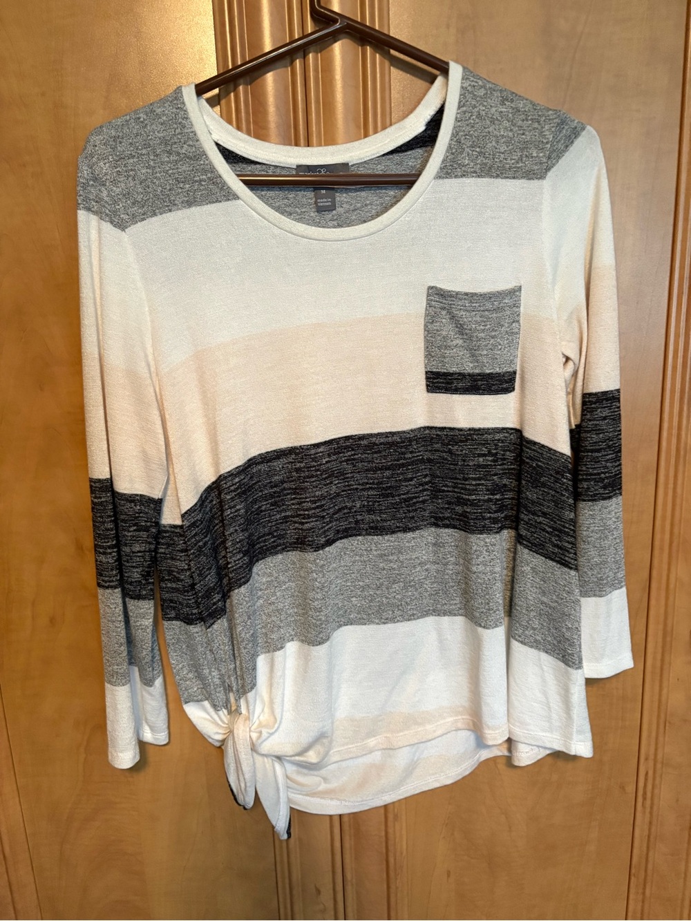 Market & Spruce Cream, Gray and Black Striped Knot-Hem Long Sleeve Top
